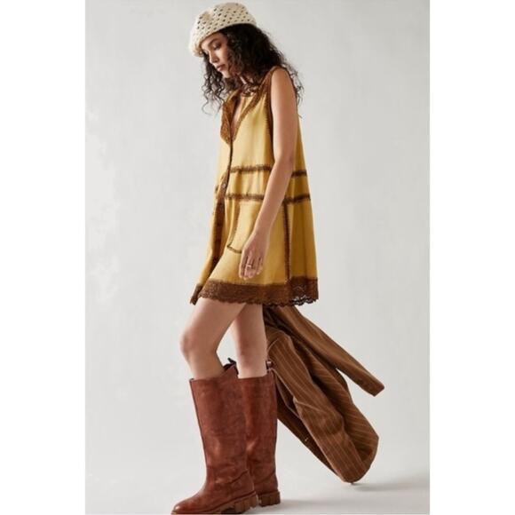 Free People Adeline Goat Suede Crochet Retro Boho Mini Dress Tan/Brown Size M - Picture 5 of 14